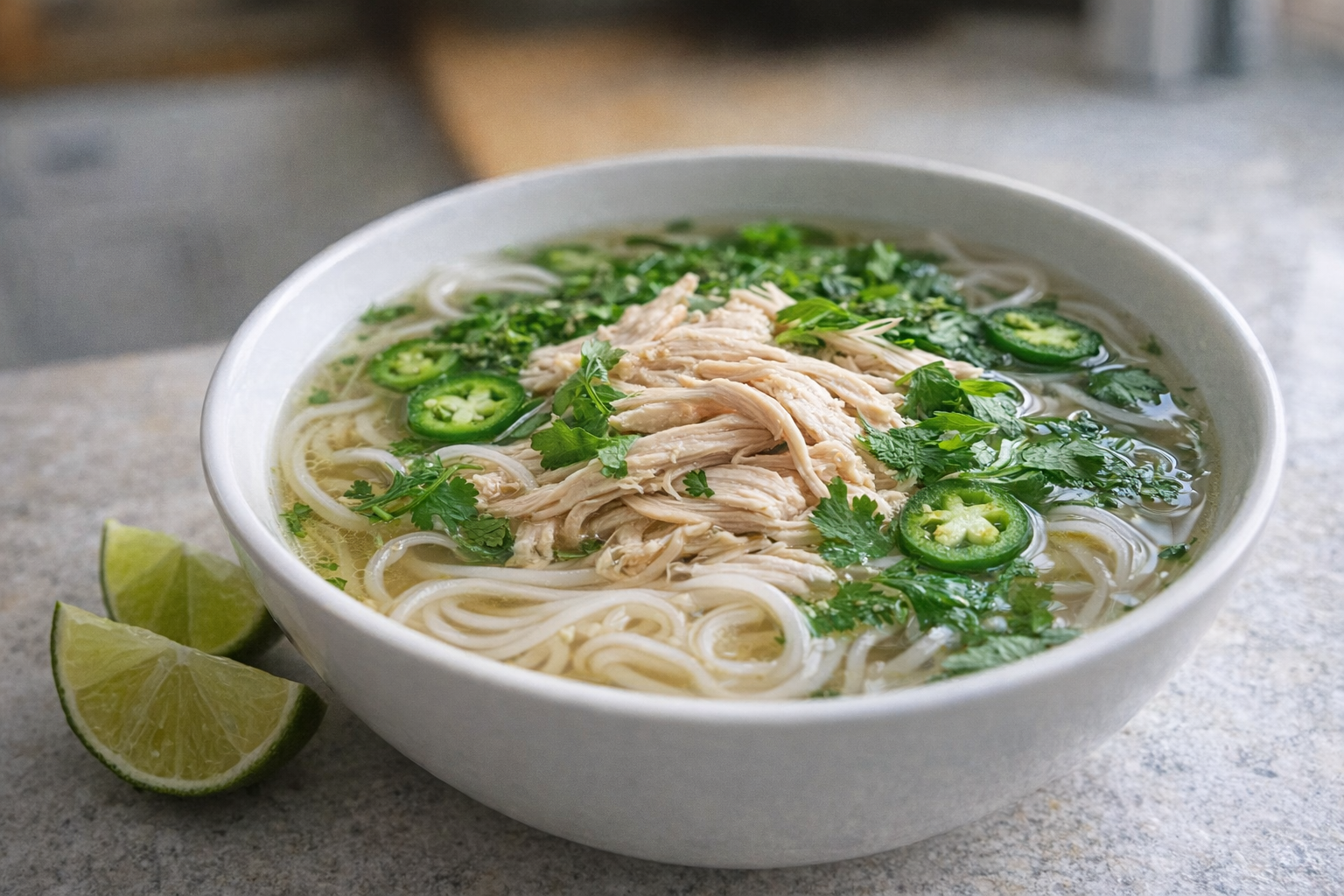 A brightly lit bowl of Vietnamese Chicken Pho, showcasing clear broth, shredded chicken, rice noodles, and vibrant green herbs. Lime wedges are placed beside the bowl. 45-degree angle.